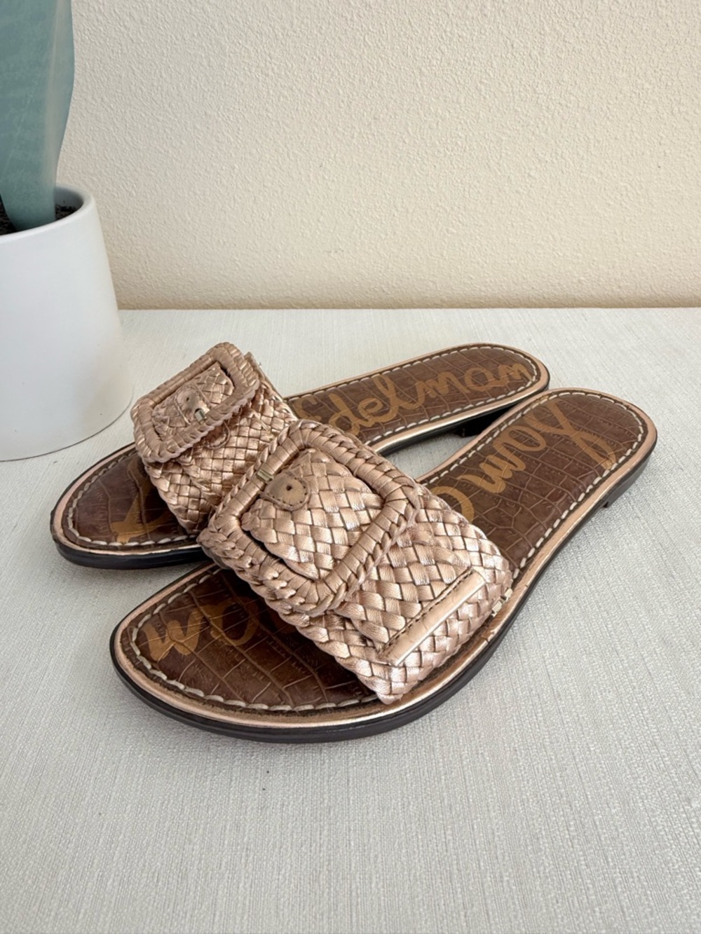 Sam Edelman Gavriela 2 Rose Gold Woven Leather Buckle Slide Sandals - Picture 4 of 11